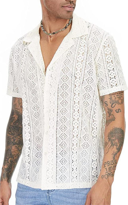 Men's Sheer Lace Short Sleeve Button Shirt