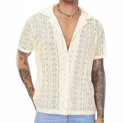 Men's Sheer Lace Short Sleeve Button Shirt