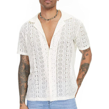 Men's Sheer Lace Short Sleeve Button Shirt