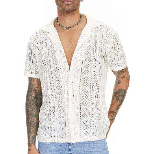 Men's Sheer Lace Short Sleeve Button Shirt
