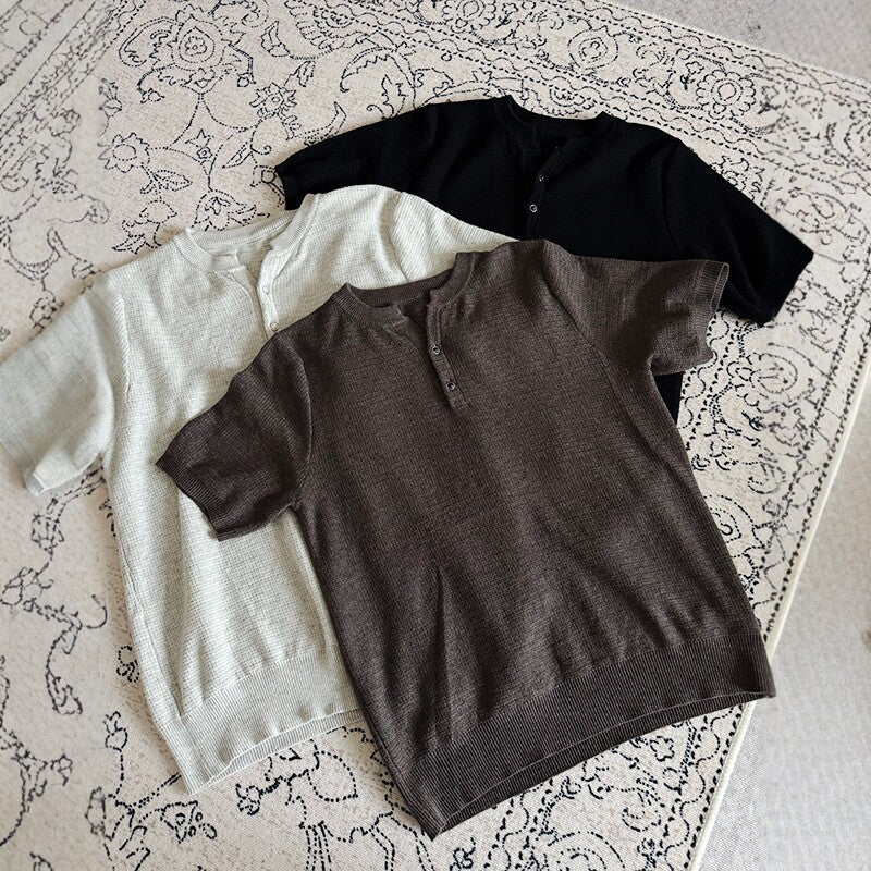 Men's Henley Collar Knit Short Sleeve Polo Shirt