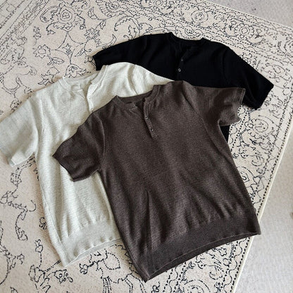 Men's Henley Collar Knit Short Sleeve Polo Shirt