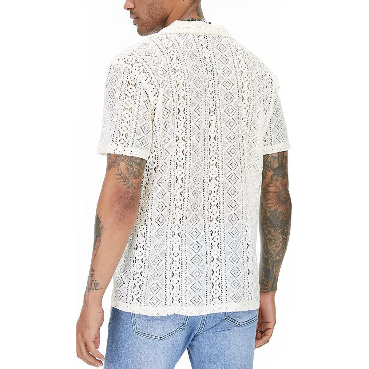 Men's Sheer Lace Short Sleeve Button Shirt