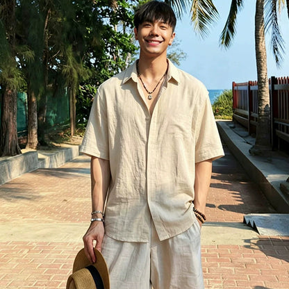 Men's Linen Blend Short Sleeve Spliced Shirt