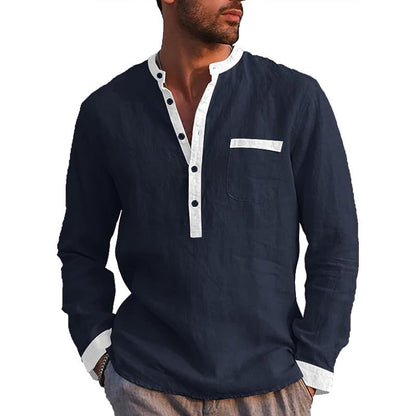 Men's Cotton Linen Long Sleeve Henley Shirt