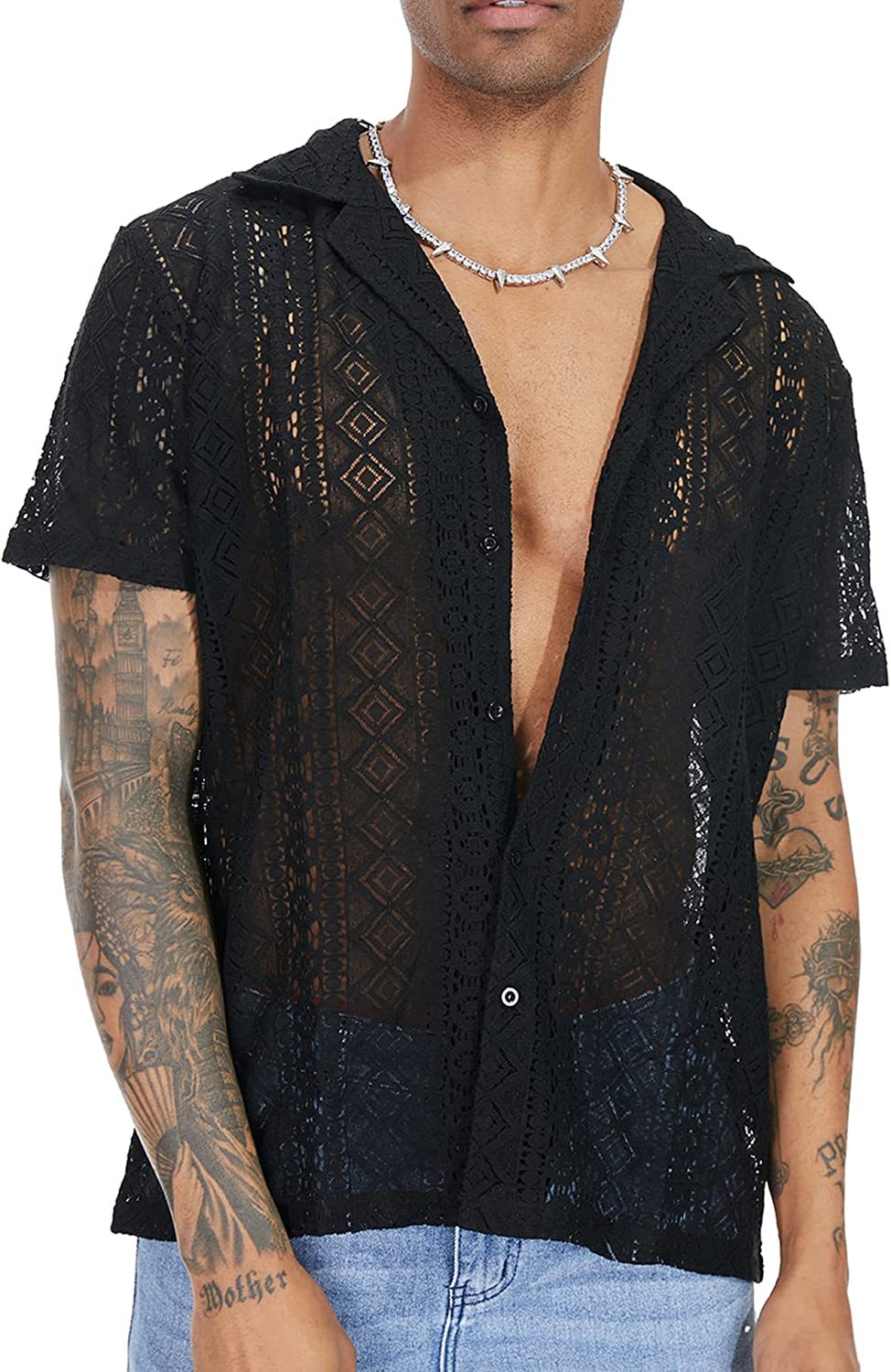 Men's Sheer Lace Short Sleeve Button Shirt