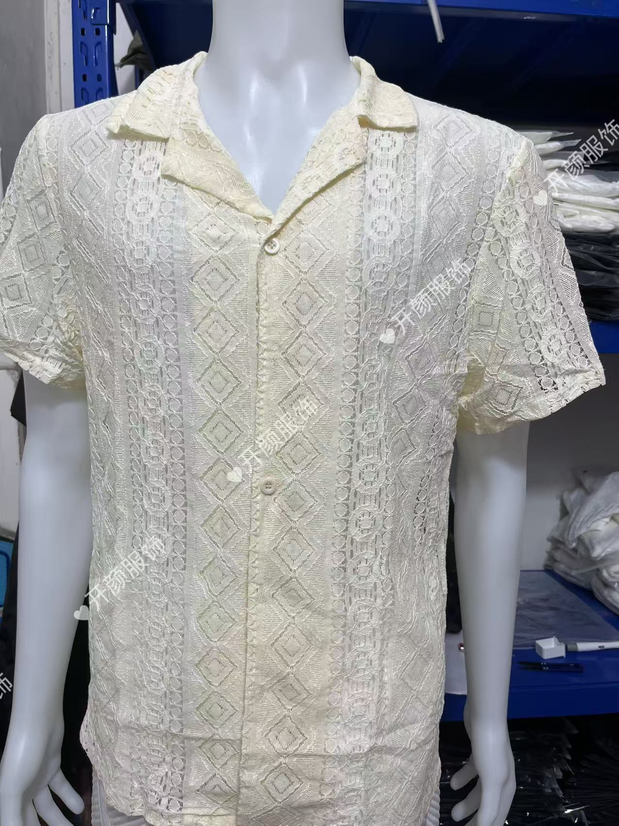 Men's Sheer Lace Short Sleeve Button Shirt