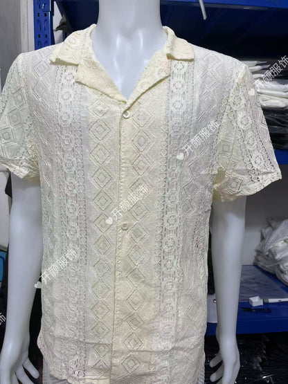 Men's Sheer Lace Short Sleeve Button Shirt