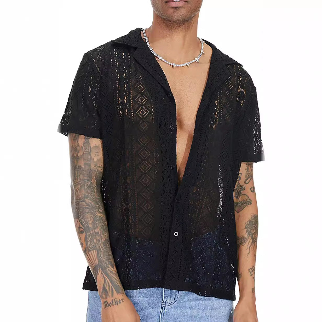 Men's Sheer Lace Short Sleeve Button Shirt