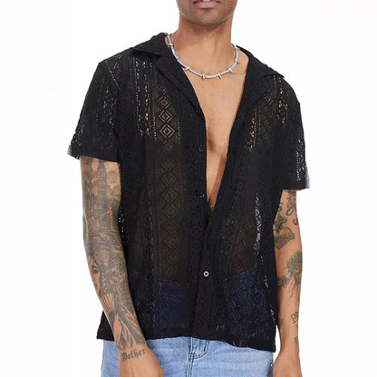 Men's Sheer Lace Short Sleeve Button Shirt