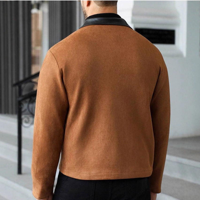 Men's Wool Blend Zip Jacket with Faux Leather Lapel
