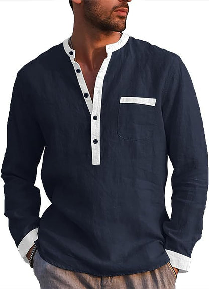 Men's Cotton Linen Long Sleeve Henley Shirt