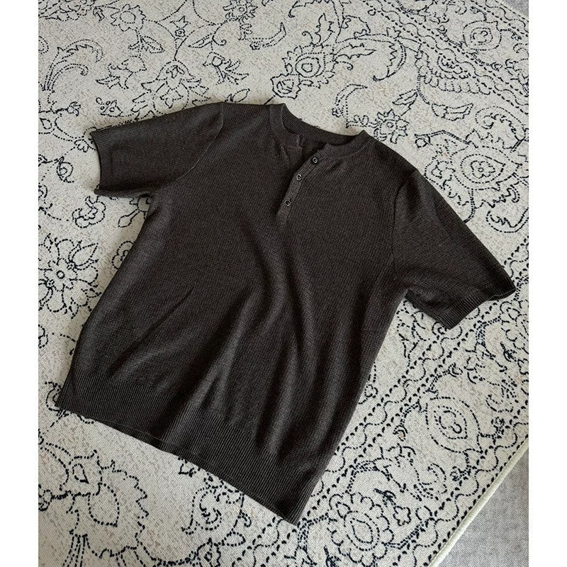 Men's Henley Collar Knit Short Sleeve Polo Shirt