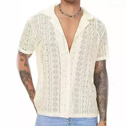 Men's Sheer Lace Short Sleeve Button Shirt