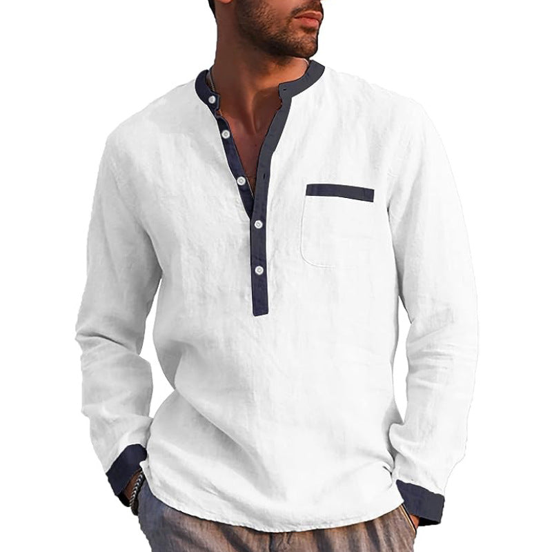 Men's Cotton Linen Long Sleeve Henley Shirt