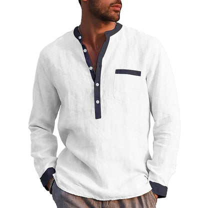 Men's Cotton Linen Long Sleeve Henley Shirt