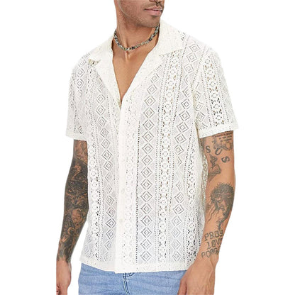Men's Sheer Lace Short Sleeve Button Shirt