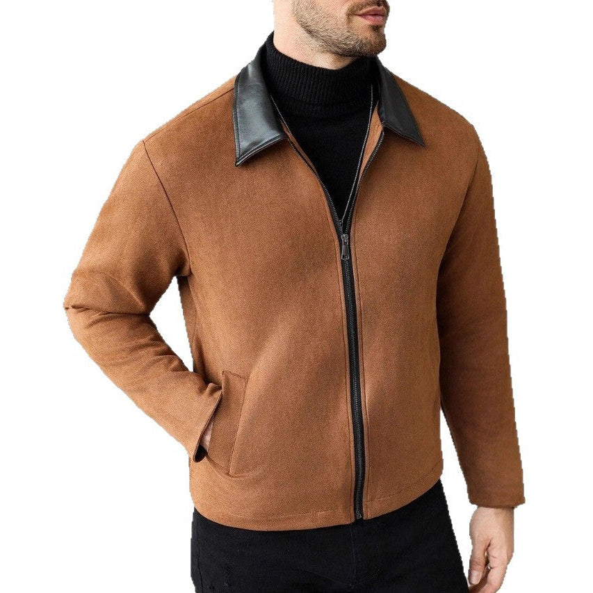 Men's Wool Blend Zip Jacket with Faux Leather Lapel