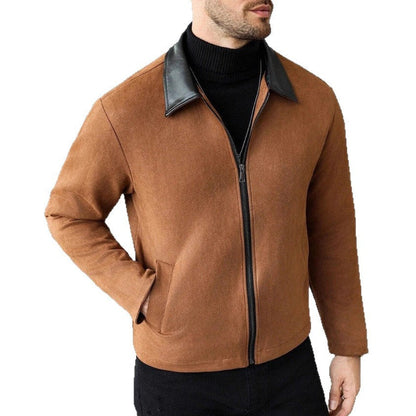 Men's Wool Blend Zip Jacket with Faux Leather Lapel
