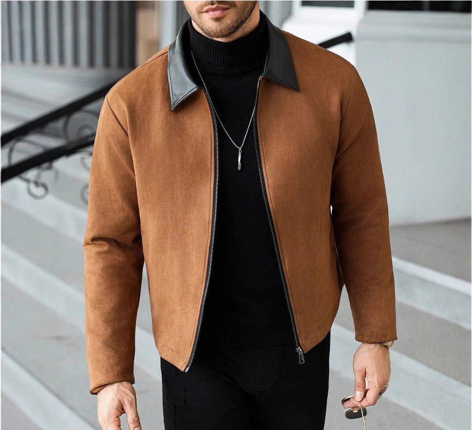 Men's Wool Blend Zip Jacket with Faux Leather Lapel