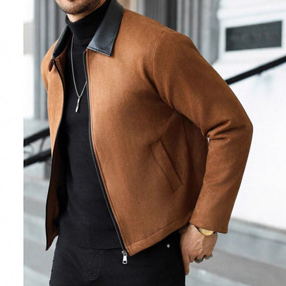 Men's Wool Blend Zip Jacket with Faux Leather Lapel