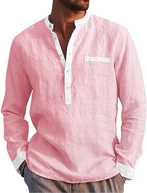 Men's Cotton Linen Long Sleeve Henley Shirt