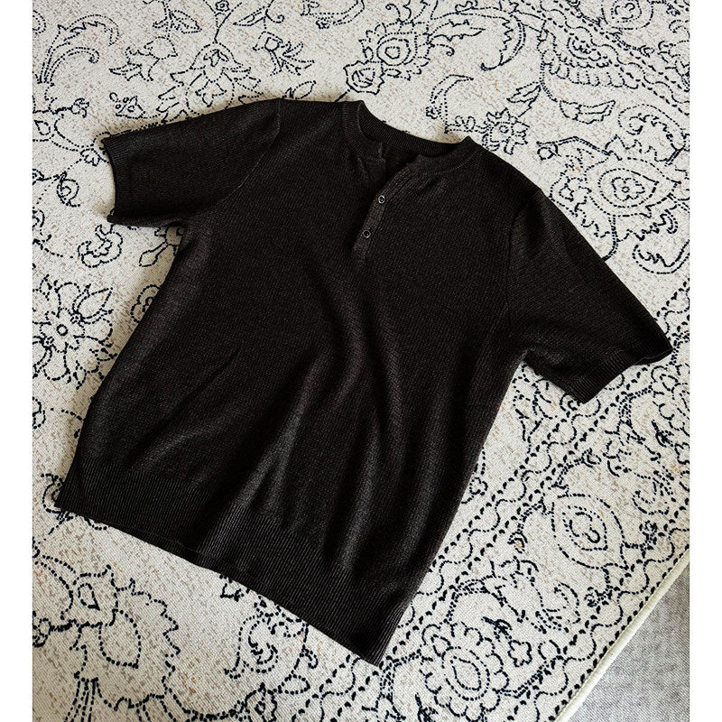 Men's Henley Collar Knit Short Sleeve Polo Shirt