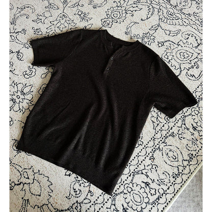 Men's Henley Collar Knit Short Sleeve Polo Shirt