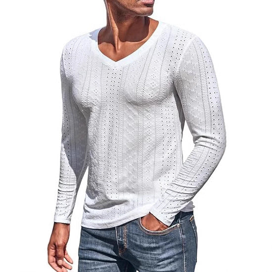 Men's Jacquard V-Neck Long Sleeve Knit Shirt