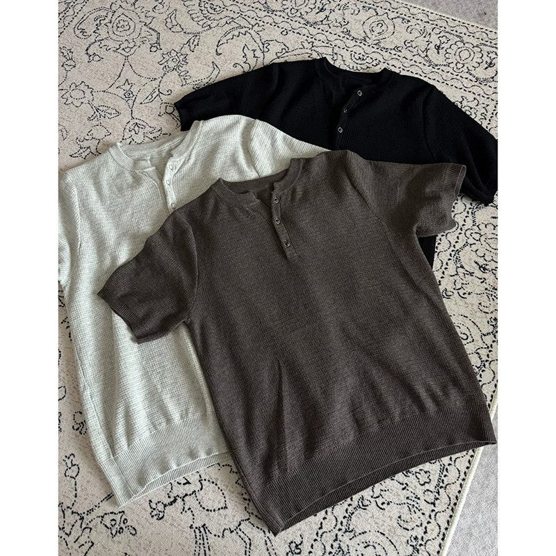 Men's Henley Collar Knit Short Sleeve Polo Shirt