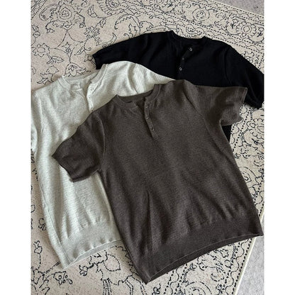 Men's Henley Collar Knit Short Sleeve Polo Shirt