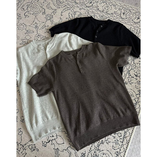 Men's Henley Collar Knit Short Sleeve Polo Shirt