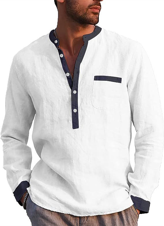 Men's Cotton Linen Long Sleeve Henley Shirt