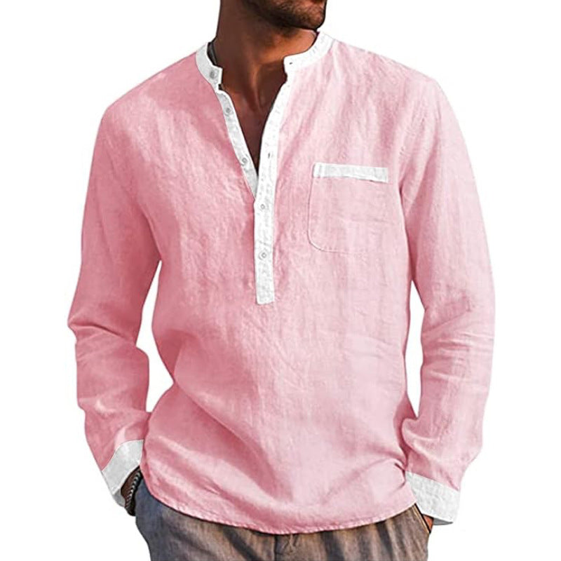 Men's Cotton Linen Long Sleeve Henley Shirt