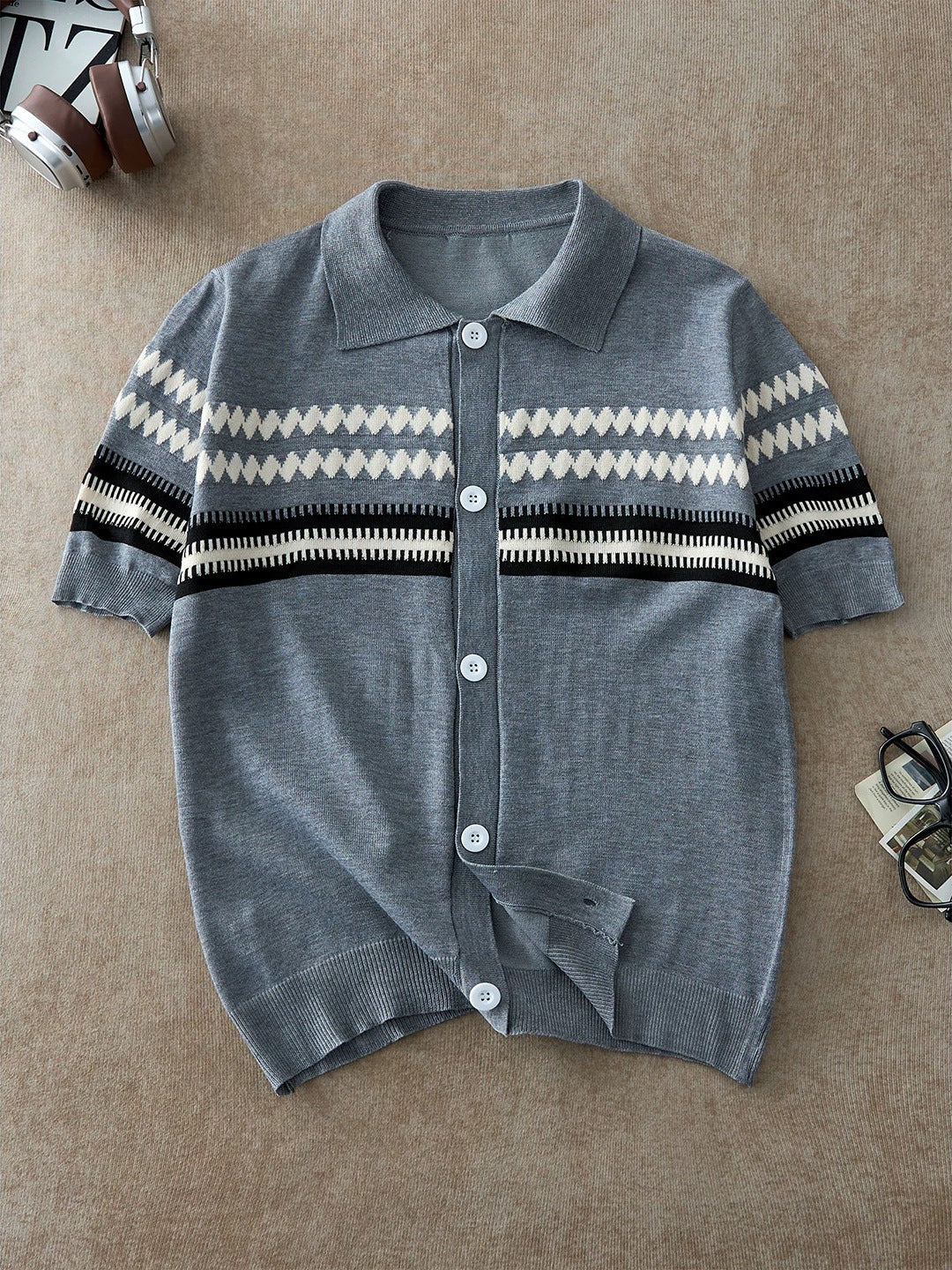 Men's Diamond Jacquard Short Sleeve Knit Sweater