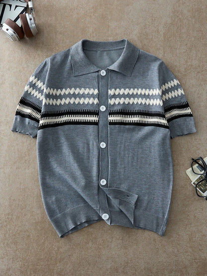 Men's Diamond Jacquard Short Sleeve Knit Sweater