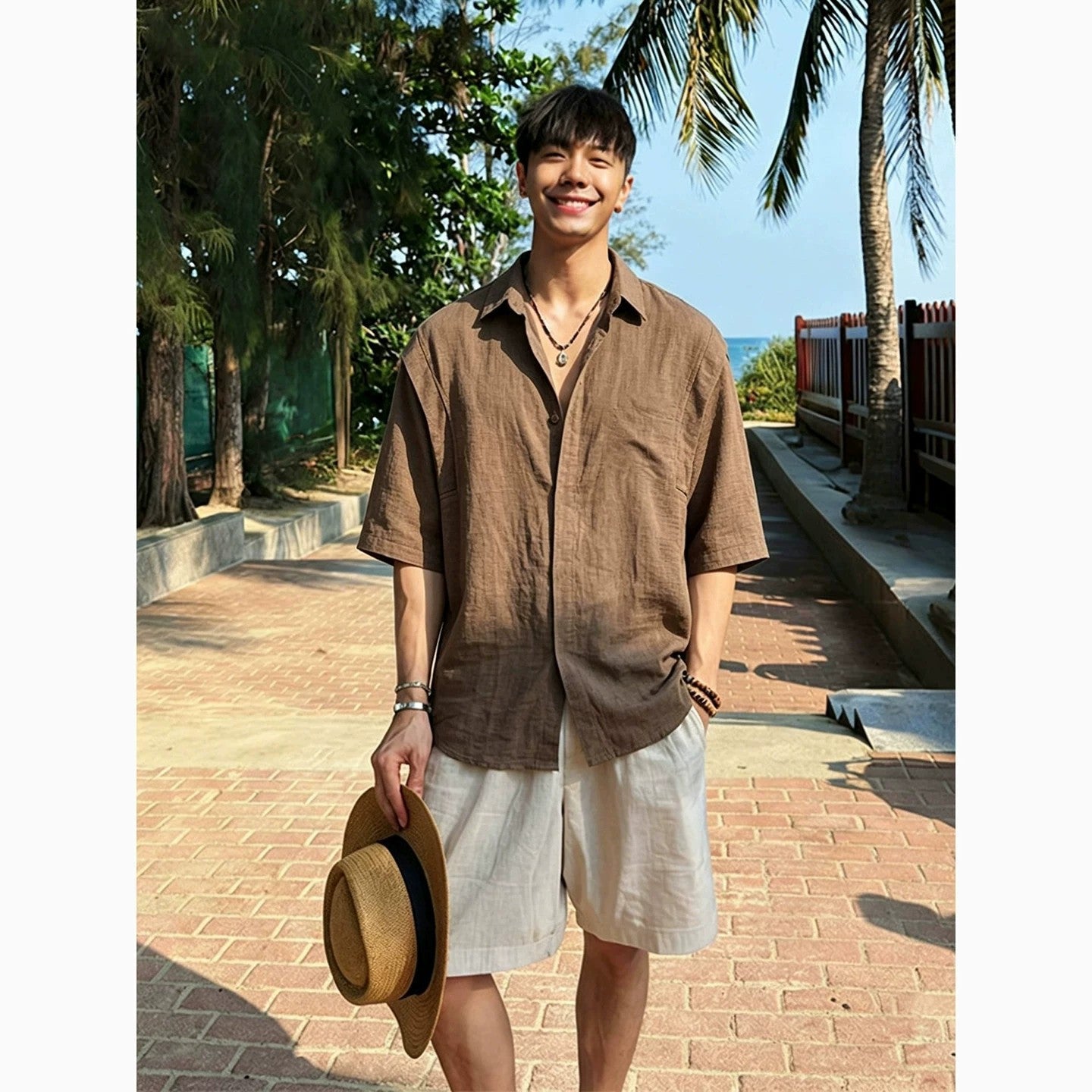 Men's Linen Blend Short Sleeve Spliced Shirt