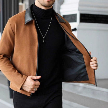 Men's Wool Blend Zip Jacket with Faux Leather Lapel